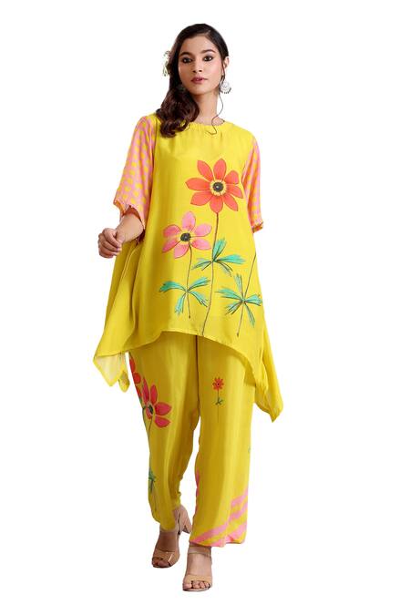 Radhika Jindal Yellow Cotton, Silk Embroidery Round Floral Pattern Asymmetric Kurta Pant Set at Aza Fashions Radhika Jindal_Yellow Cotton, Silk Embroidery Round Floral Pattern Asymmetric Kurta Pant Set_at_Aza_Fashions