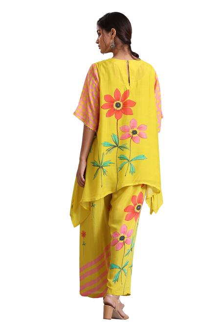 Buy Radhika Jindal Yellow Cotton, Silk Embroidery Round Floral Pattern Asymmetric Kurta Pant Set Buy_Radhika Jindal_Yellow Cotton, Silk Embroidery Round Floral Pattern Asymmetric Kurta Pant Set