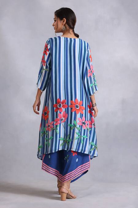 Shop_Radhika Jindal_Blue Cotton, Silk Lace, Sequins Round Asymmetric Floral Pattern Kurta Pant Set_at_Aza_Fashions