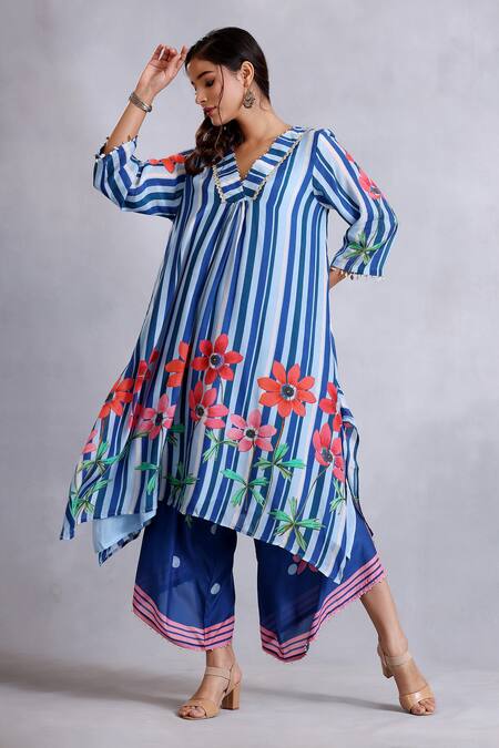 Radhika Jindal_Blue Cotton, Silk Lace, Sequins Round Asymmetric Floral Pattern Kurta Pant Set_Online_at_Aza_Fashions