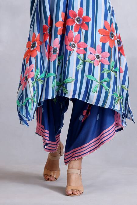 Buy Radhika Jindal Blue Cotton, Silk Lace, Sequins Round Asymmetric Floral Pattern Kurta Pant Set Online at Aza Fashions Buy_Radhika Jindal_Blue Cotton, Silk Lace, Sequins Round Asymmetric Floral Pattern Kurta Pant Set_Online_at_Aza_Fashions