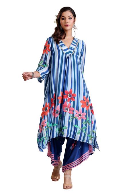 Shop Radhika Jindal Blue Cotton, Silk Lace, Sequins Round Asymmetric Floral Pattern Kurta Pant Set Online at Aza Fashions Shop_Radhika Jindal_Blue Cotton, Silk Lace, Sequins Round Asymmetric Floral Pattern Kurta Pant Set_Online_at_Aza_Fashions