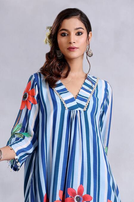 Radhika Jindal Blue Cotton, Silk Lace, Sequins Round Asymmetric Floral Pattern Kurta Pant Set at Aza Fashions Radhika Jindal_Blue Cotton, Silk Lace, Sequins Round Asymmetric Floral Pattern Kurta Pant Set_at_Aza_Fashions