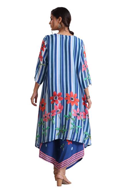 Buy Radhika Jindal Blue Cotton, Silk Lace, Sequins Round Asymmetric Floral Pattern Kurta Pant Set Buy_Radhika Jindal_Blue Cotton, Silk Lace, Sequins Round Asymmetric Floral Pattern Kurta Pant Set