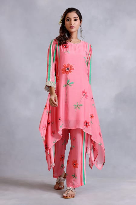 Radhika Jindal Peach Cotton Silk Asymmetric Floral Pattern Kurta Draped Pant Set  