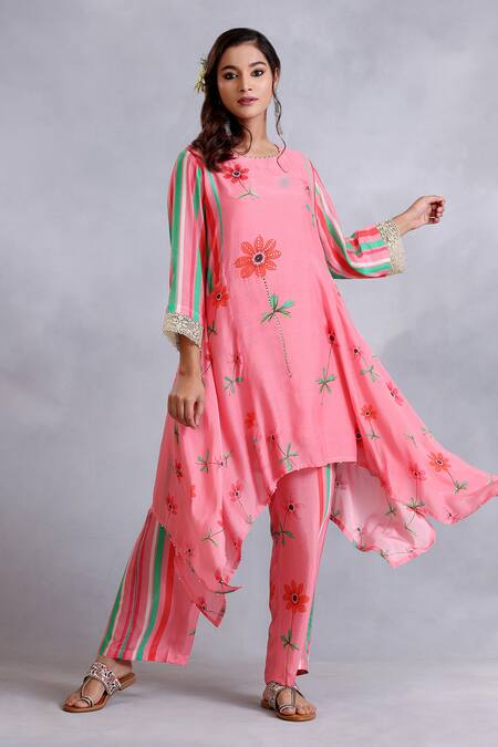 Radhika Jindal_Peach Cotton, Silk Embroidery, Asymmetric Floral Pattern Kurta Draped Pant Set_Online_at_Aza_Fashions