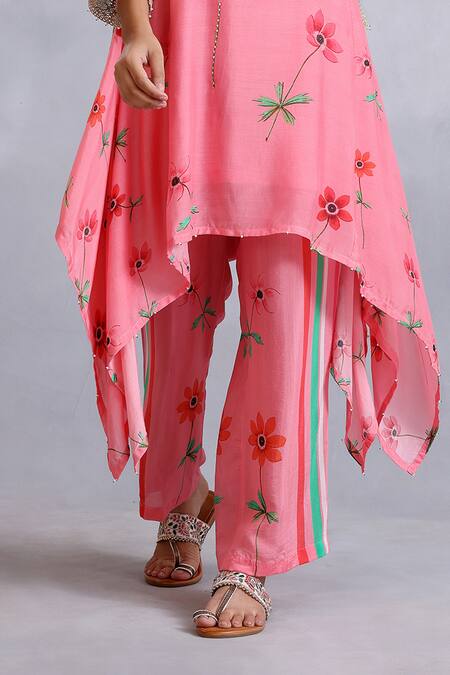 Buy_Radhika Jindal_Peach Cotton, Silk Embroidery, Asymmetric Floral Pattern Kurta Draped Pant Set_Online_at_Aza_Fashions