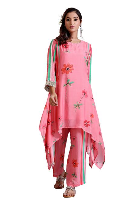 Shop_Radhika Jindal_Peach Cotton, Silk Embroidery, Asymmetric Floral Pattern Kurta Draped Pant Set_Online_at_Aza_Fashions