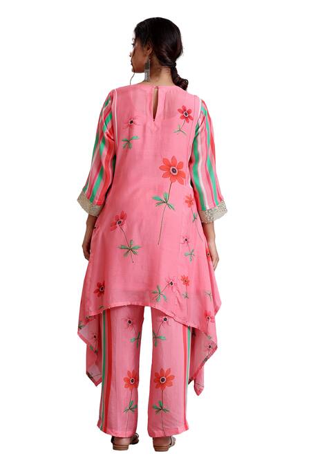 Radhika Jindal_Peach Cotton, Silk Embroidery, Asymmetric Floral Pattern Kurta Draped Pant Set_at_Aza_Fashions