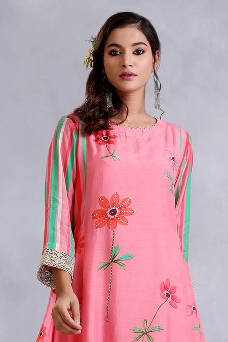 Buy_Radhika Jindal_Peach Cotton, Silk Embroidery, Asymmetric Floral Pattern Kurta Draped Pant Set