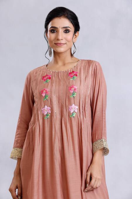 Radhika Jindal_Brown Cotton, Silk Embroidery, Sequins Round Thread And Floral Kurta Pant Set_Online_at_Aza_Fashions