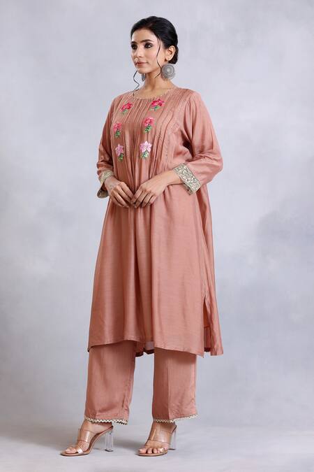 Buy_Radhika Jindal_Brown Cotton, Silk Embroidery, Sequins Round Thread And Floral Kurta Pant Set_Online_at_Aza_Fashions