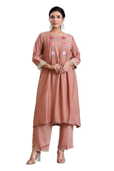 Buy Radhika Jindal Brown Cotton, Silk Embroidery, Sequins Round Thread And Floral Kurta Pant Set Buy_Radhika Jindal_Brown Cotton, Silk Embroidery, Sequins Round Thread And Floral Kurta Pant Set