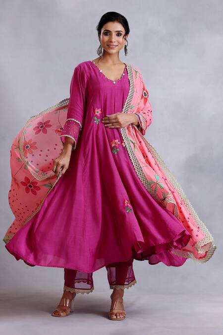 Radhika Jindal_Magenta Cotton, Silk Sequins, Beads, Embroidery V-neck Floral Anarkali Pant Set_Online_at_Aza_Fashions