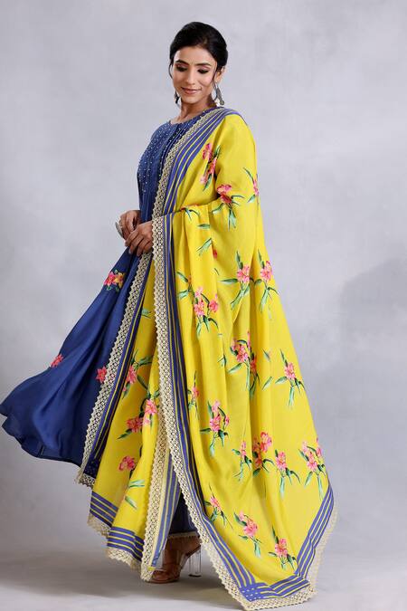 Radhika Jindal_Blue Cotton, Silk Beads, Sequins, Embroidery Floral Pintucked Anarkali Pant Set_Online_at_Aza_Fashions