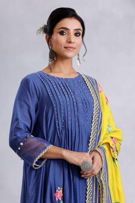 Buy_Radhika Jindal_Blue Cotton, Silk Beads, Sequins, Embroidery Floral Pintucked Anarkali Pant Set_Online_at_Aza_Fashions