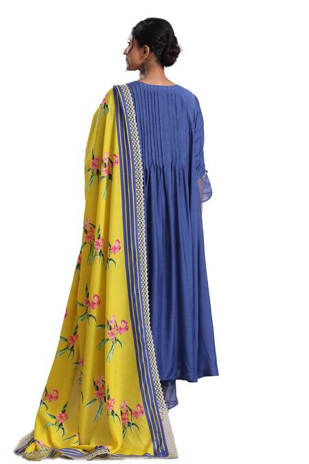 Shop_Radhika Jindal_Blue Cotton, Silk Beads, Sequins, Embroidery Floral Pintucked Anarkali Pant Set_Online_at_Aza_Fashions