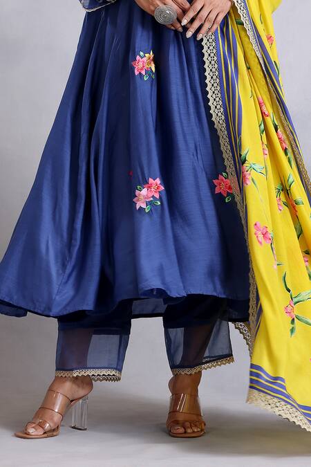 Radhika Jindal_Blue Cotton, Silk Beads, Sequins, Embroidery Floral Pintucked Anarkali Pant Set_at_Aza_Fashions