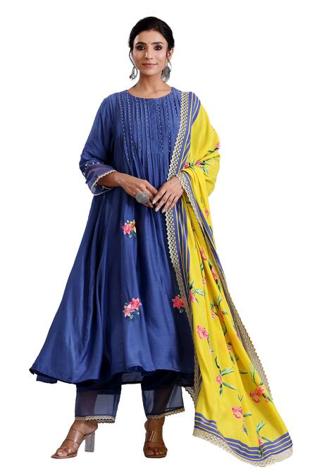Buy_Radhika Jindal_Blue Cotton, Silk Beads, Sequins, Embroidery Floral Pintucked Anarkali Pant Set