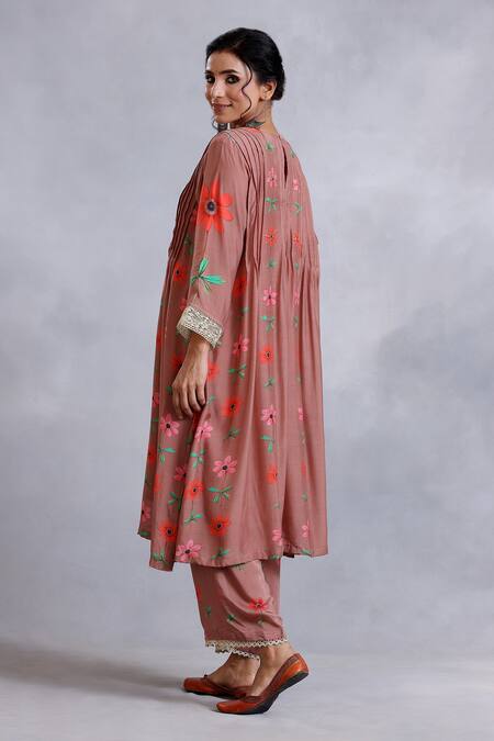 Shop_Radhika Jindal_Brown Cotton, Silk Embroidery Round Neck Pintucked Floral Pattern Kurta Pant Set_at_Aza_Fashions