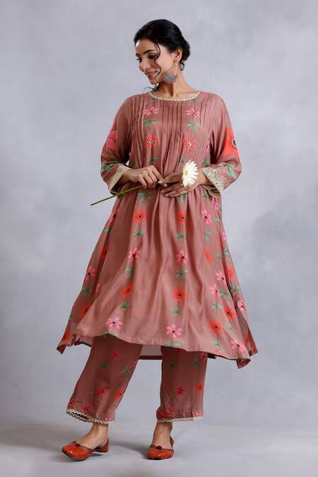 Radhika Jindal_Brown Cotton, Silk Embroidery Round Neck Pintucked Floral Pattern Kurta Pant Set_Online_at_Aza_Fashions