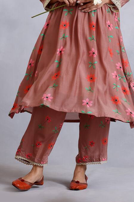 Buy Radhika Jindal Brown Cotton, Silk Embroidery Round Neck Pintucked Floral Pattern Kurta Pant Set Online at Aza Fashions Buy_Radhika Jindal_Brown Cotton, Silk Embroidery Round Neck Pintucked Floral Pattern Kurta Pant Set_Online_at_Aza_Fashions