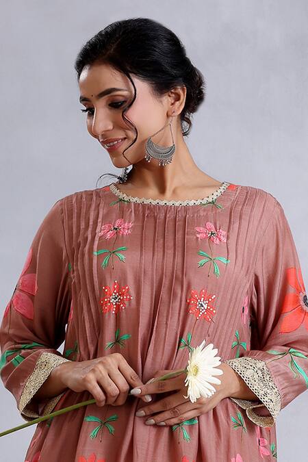 Shop Radhika Jindal Brown Cotton, Silk Embroidery Round Neck Pintucked Floral Pattern Kurta Pant Set Online at Aza Fashions Shop_Radhika Jindal_Brown Cotton, Silk Embroidery Round Neck Pintucked Floral Pattern Kurta Pant Set_Online_at_Aza_Fashions