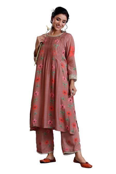 Radhika Jindal Brown Cotton, Silk Embroidery Round Neck Pintucked Floral Pattern Kurta Pant Set at Aza Fashions Radhika Jindal_Brown Cotton, Silk Embroidery Round Neck Pintucked Floral Pattern Kurta Pant Set_at_Aza_Fashions
