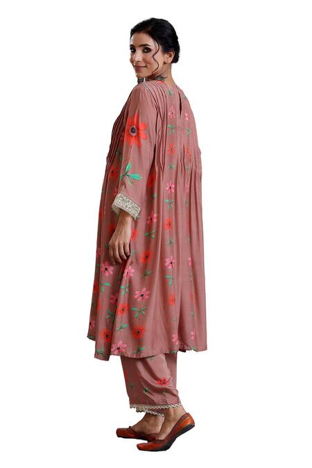 Buy Radhika Jindal Brown Cotton, Silk Embroidery Round Neck Pintucked Floral Pattern Kurta Pant Set Buy_Radhika Jindal_Brown Cotton, Silk Embroidery Round Neck Pintucked Floral Pattern Kurta Pant Set