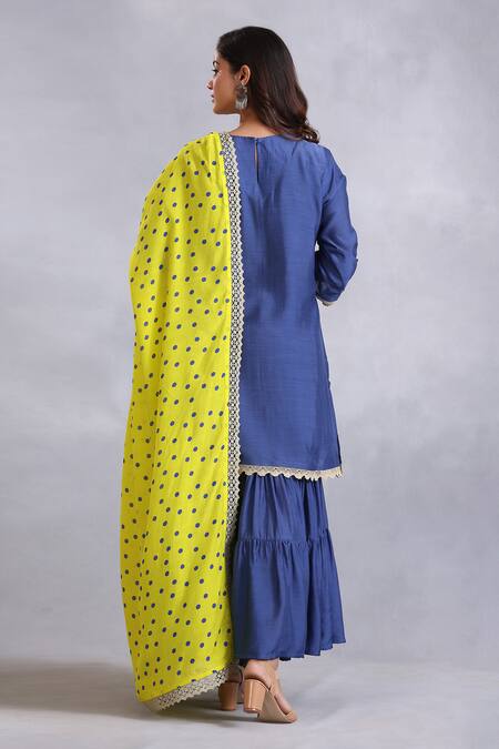 Shop Radhika Jindal Blue Cotton, Silk Embroidery, Lace Round Neck Floral Kurta Sharara Set at Aza Fashions Shop_Radhika Jindal_Blue Cotton, Silk Embroidery, Lace Round Neck Floral Kurta Sharara Set_at_Aza_Fashions