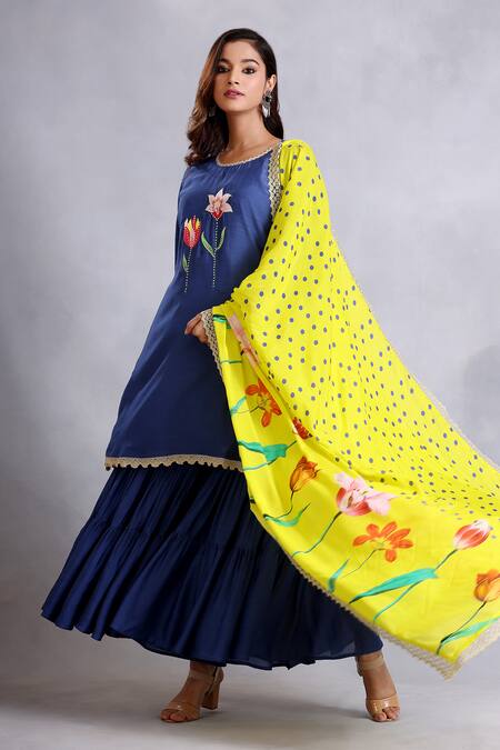 Radhika Jindal_Blue Cotton, Silk Embroidery, Lace Round Neck Floral Kurta Sharara Set_Online_at_Aza_Fashions