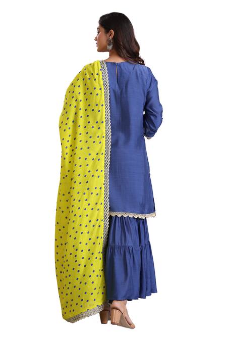 Buy Radhika Jindal Blue Cotton, Silk Embroidery, Lace Round Neck Floral Kurta Sharara Set Online at Aza Fashions Buy_Radhika Jindal_Blue Cotton, Silk Embroidery, Lace Round Neck Floral Kurta Sharara Set_Online_at_Aza_Fashions