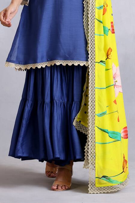 Shop Radhika Jindal Blue Cotton, Silk Embroidery, Lace Round Neck Floral Kurta Sharara Set Online at Aza Fashions Shop_Radhika Jindal_Blue Cotton, Silk Embroidery, Lace Round Neck Floral Kurta Sharara Set_Online_at_Aza_Fashions