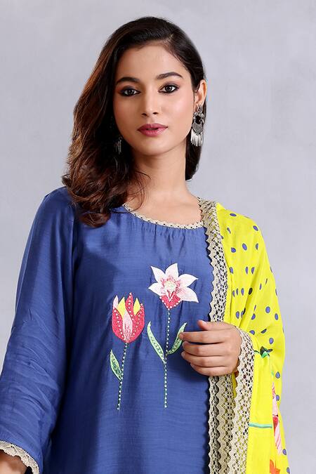 Radhika Jindal Blue Cotton, Silk Embroidery, Lace Round Neck Floral Kurta Sharara Set at Aza Fashions Radhika Jindal_Blue Cotton, Silk Embroidery, Lace Round Neck Floral Kurta Sharara Set_at_Aza_Fashions