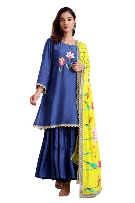 Buy Radhika Jindal Blue Cotton, Silk Embroidery, Lace Round Neck Floral Kurta Sharara Set Buy_Radhika Jindal_Blue Cotton, Silk Embroidery, Lace Round Neck Floral Kurta Sharara Set