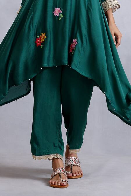 Shop_Radhika Jindal_Green Cotton, Silk Embroidery Round Neck Asymmetric Kurta Pant Set_Online_at_Aza_Fashions