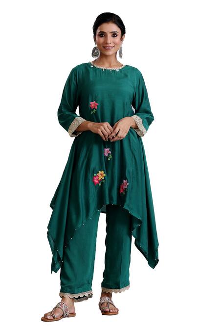 Buy_Radhika Jindal_Green Cotton, Silk Embroidery Round Neck Asymmetric Kurta Pant Set