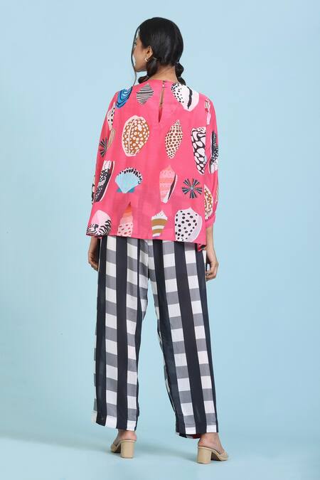 Shop_Radhika Jindal_Fuchsia Cotton, Silk High Neck Abstract Print Top Pant Set_at_Aza_Fashions
