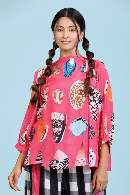 Radhika Jindal_Fuchsia Cotton, Silk High Neck Abstract Print Top Pant Set_Online_at_Aza_Fashions