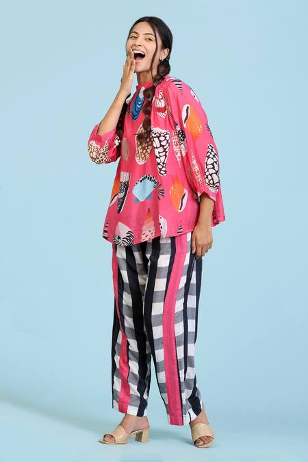 Buy_Radhika Jindal_Fuchsia Cotton, Silk High Neck Abstract Print Top Pant Set_Online_at_Aza_Fashions