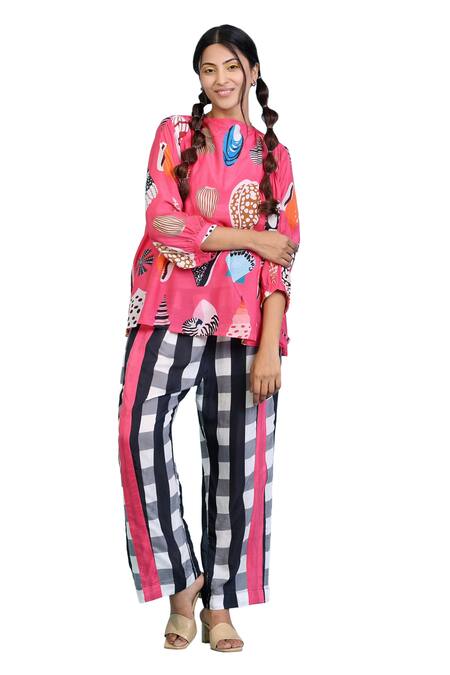 Buy_Radhika Jindal_Fuchsia Cotton, Silk High Neck Abstract Print Top Pant Set