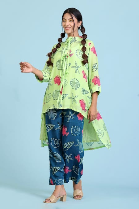 Radhika Jindal Green Cotton Silk Printed Coral High Collared Sea Low Top Pant Set 