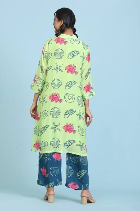 Shop_Radhika Jindal_Green Cotton, Silk Embroidery High Neck Sea Print Low Top Pant Set_at_Aza_Fashions