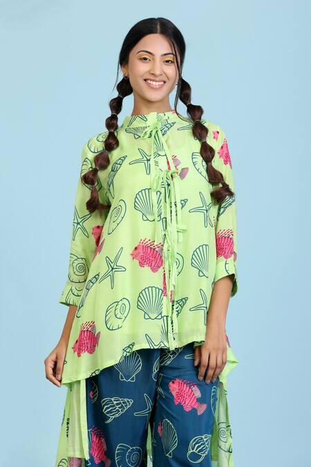 Radhika Jindal_Green Cotton, Silk Embroidery High Neck Sea Print Low Top Pant Set_Online_at_Aza_Fashions