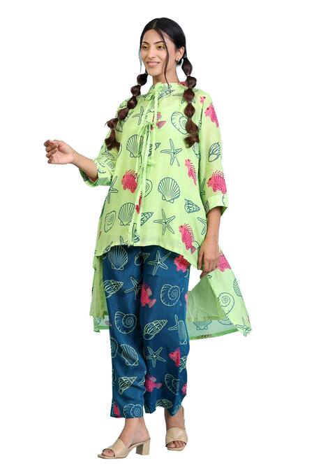 Buy_Radhika Jindal_Green Cotton, Silk Embroidery High Neck Sea Print Low Top Pant Set_Online_at_Aza_Fashions