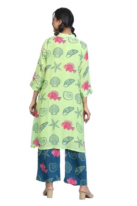Shop_Radhika Jindal_Green Cotton, Silk Embroidery High Neck Sea Print Low Top Pant Set_Online_at_Aza_Fashions