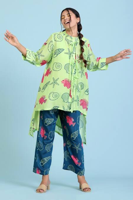 Radhika Jindal_Green Cotton, Silk Embroidery High Neck Sea Print Low Top Pant Set_at_Aza_Fashions