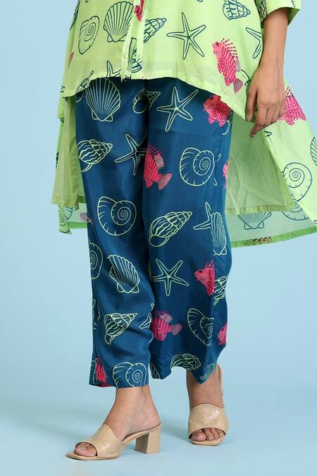 Buy_Radhika Jindal_Green Cotton, Silk Embroidery High Neck Sea Print Low Top Pant Set