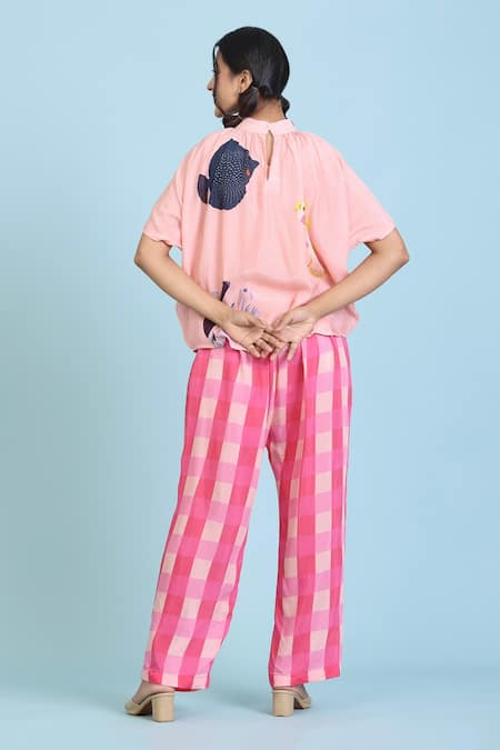 Radhika Jindal_Peach Cotton Silk Printed Fish High Collared Top Pant Set  _Online_at_Aza_Fashions