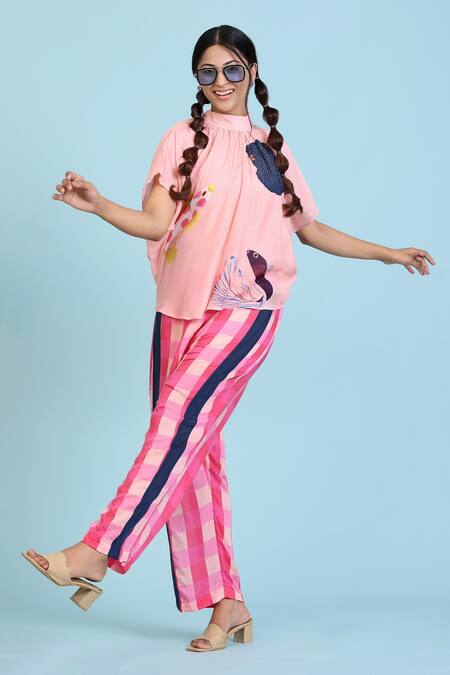 Shop_Radhika Jindal_Peach Cotton Silk Printed Fish High Collared Top Pant Set  _Online_at_Aza_Fashions